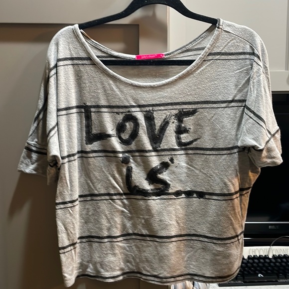 Women’s LOVE short sleeved shirt. Size medium. Gray w/black letters and stripes - Picture 1 of 4